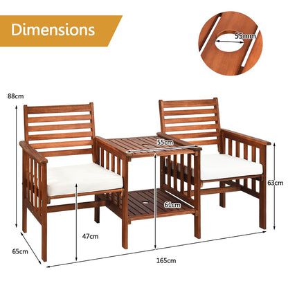 2-Seater Garden Loveseat, Wooden Bench Seat with 2 Tier Coffee Table and Umbrella Hole