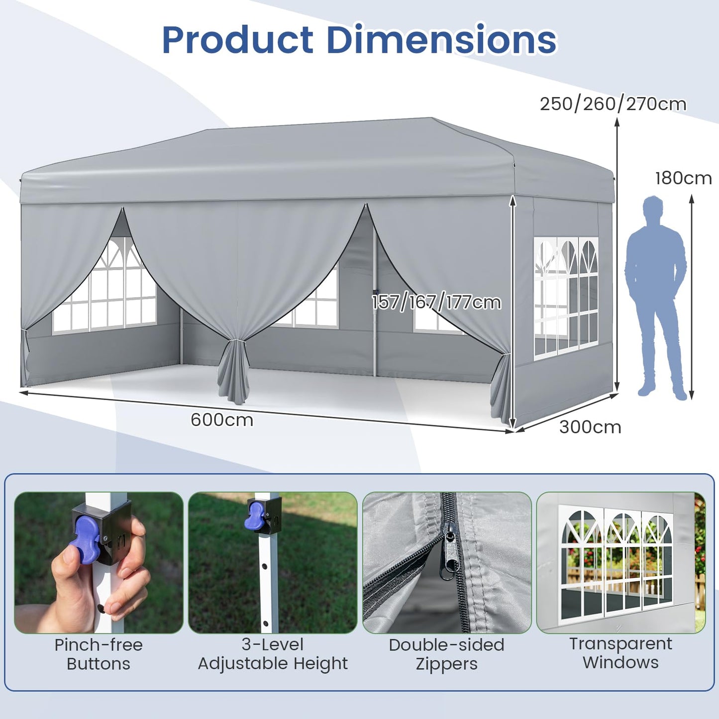3m x 6m Pop Up Gazebo, Outdoor Garden Shelter with 6 Sidewalls and Carrying Bag