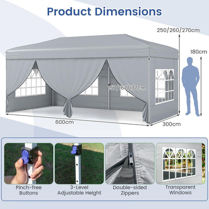 3m x 6m Pop Up Gazebo, Outdoor Garden Shelter with 6 Sidewalls and Carrying Bag