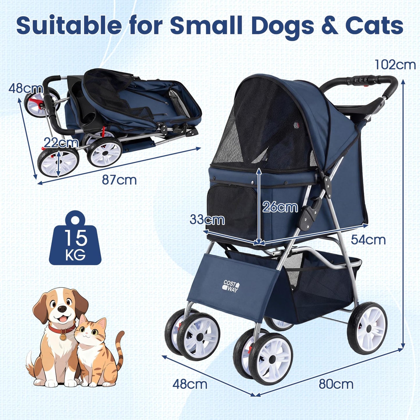 Pet Stroller, 4 Wheels Foldable Dog Pushchair Cat Pram with Adjustable Canopy