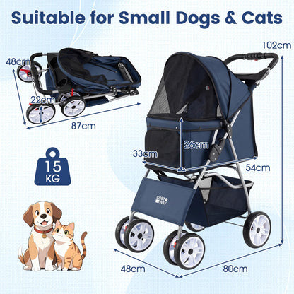 Pet Stroller, 4 Wheels Foldable Dog Pushchair Cat Pram with Adjustable Canopy