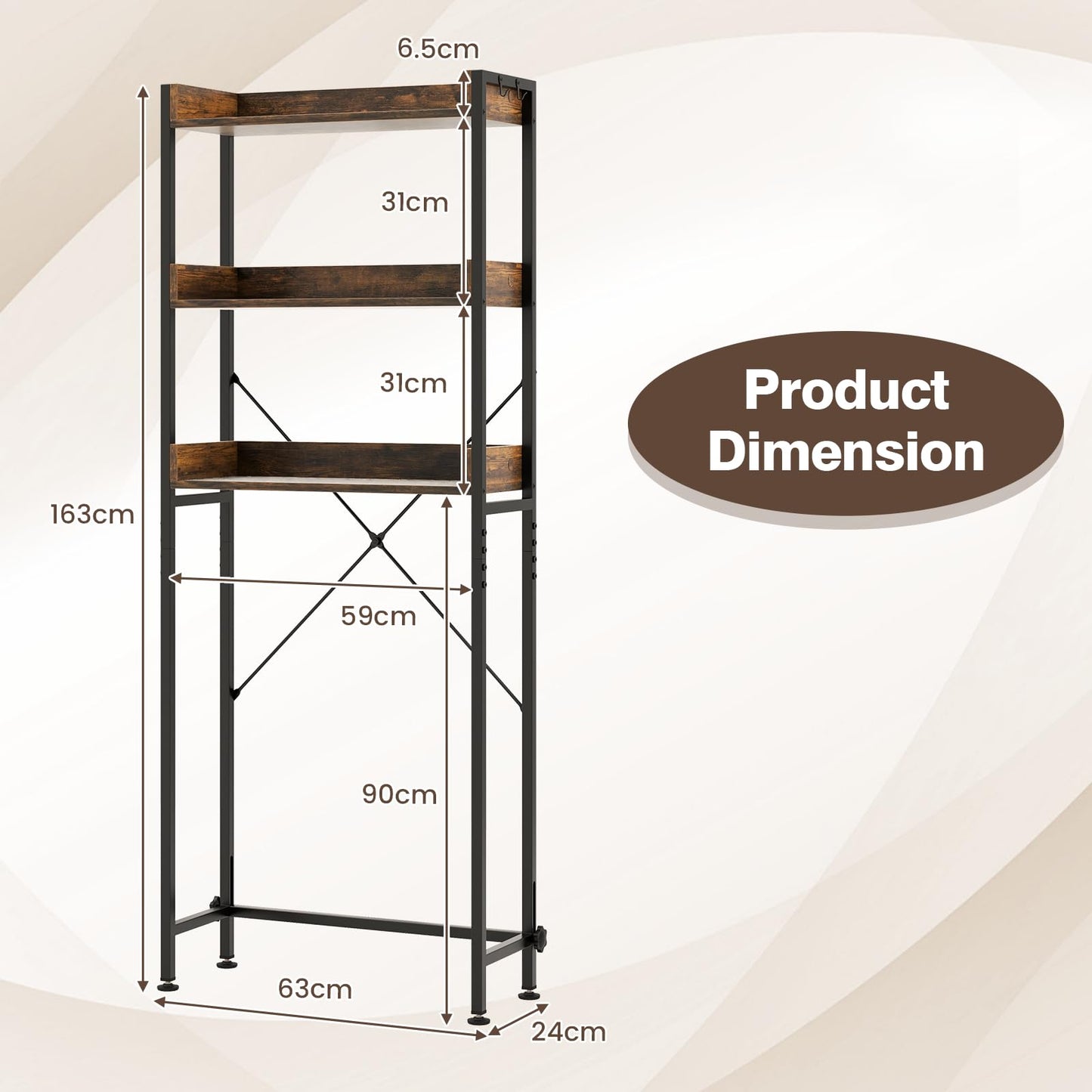 3-Tier Over The Toilet Storage Rack with 4 Hooks and Adjustable Bottom Bar