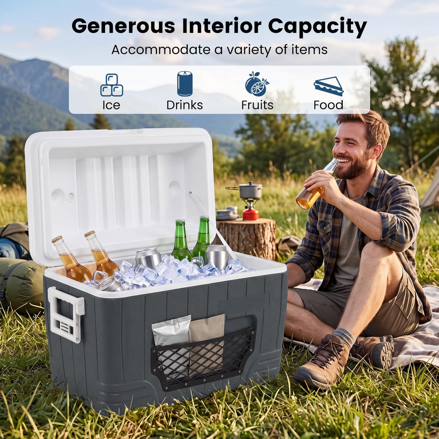 Cup Holders, Drain Plug & Mesh Storage Pocket, Portable Molded Leak-Proof Hard Cooler for Camping