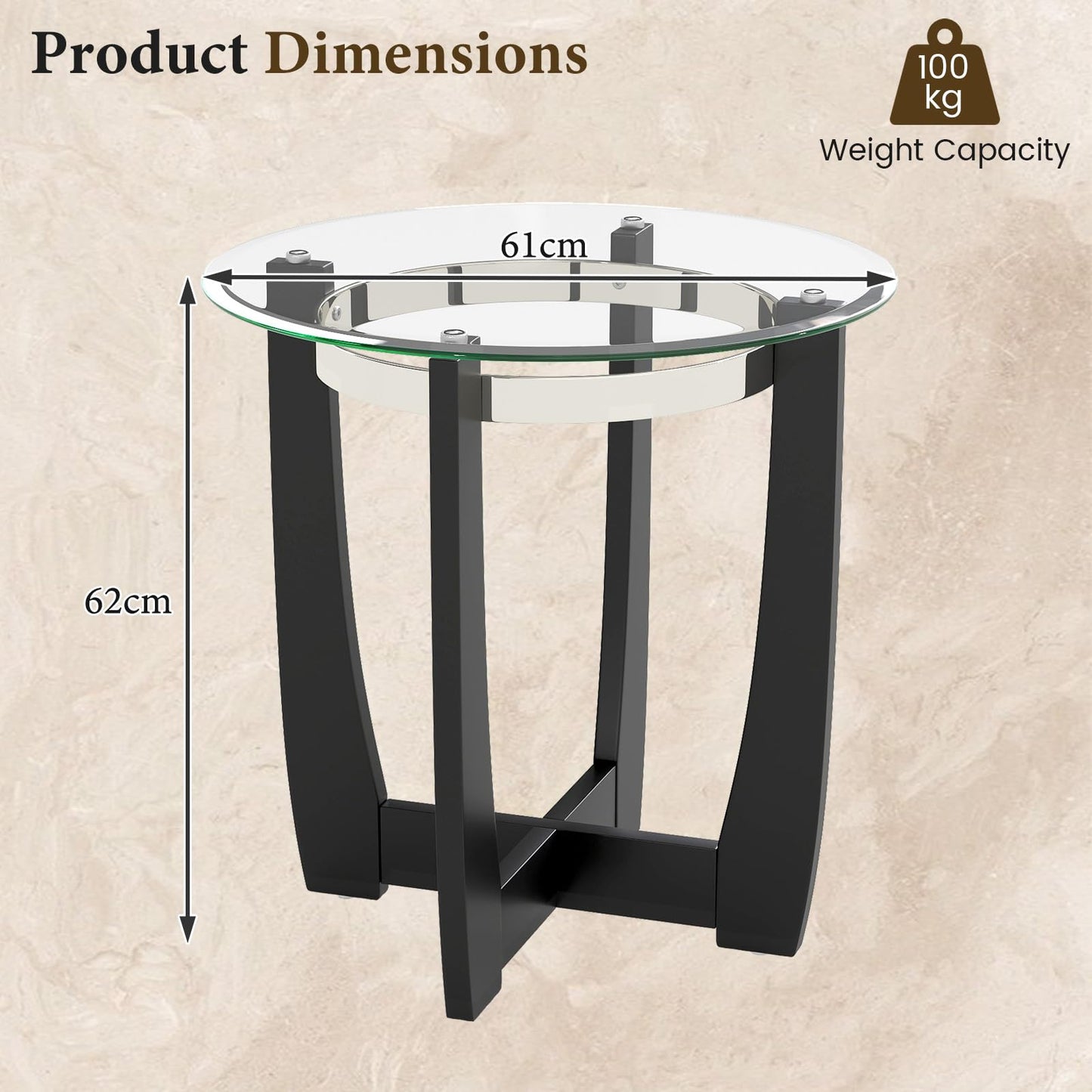 Tempered Glass End Table, Round Sofa Side Table with Rubber Wood Cross Base
