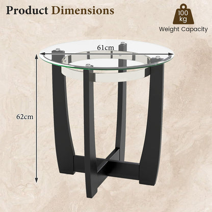 Tempered Glass End Table, Round Sofa Side Table with Rubber Wood Cross Base