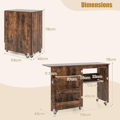 Folding Sewing Table with Storage Shelf and 3 Hidden Bins for Home