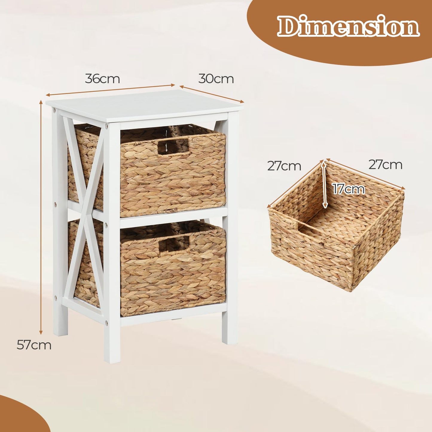 Sofa Side Table with Seagrass Baskets and Rubber Wood X-Shaped Frames and Acacia Wood Legs