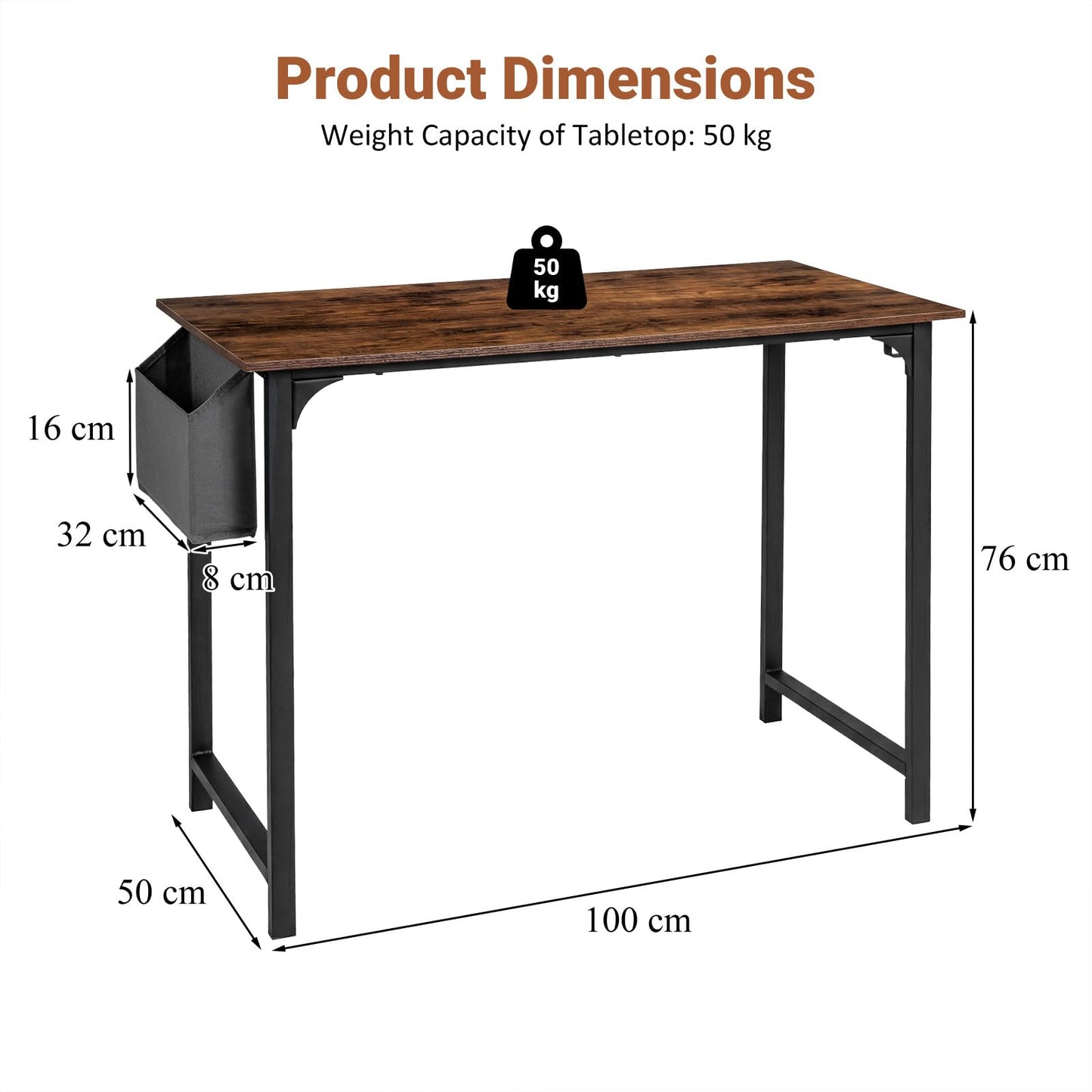 100 CM Computer Desk with Storage Bag and Hanging Hook