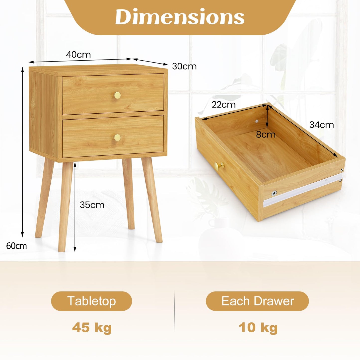 2-Drawer Nightstand with Solid Wood Legs for Bedroom
