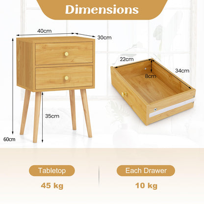 2-Drawer Nightstand with Solid Wood Legs for Bedroom