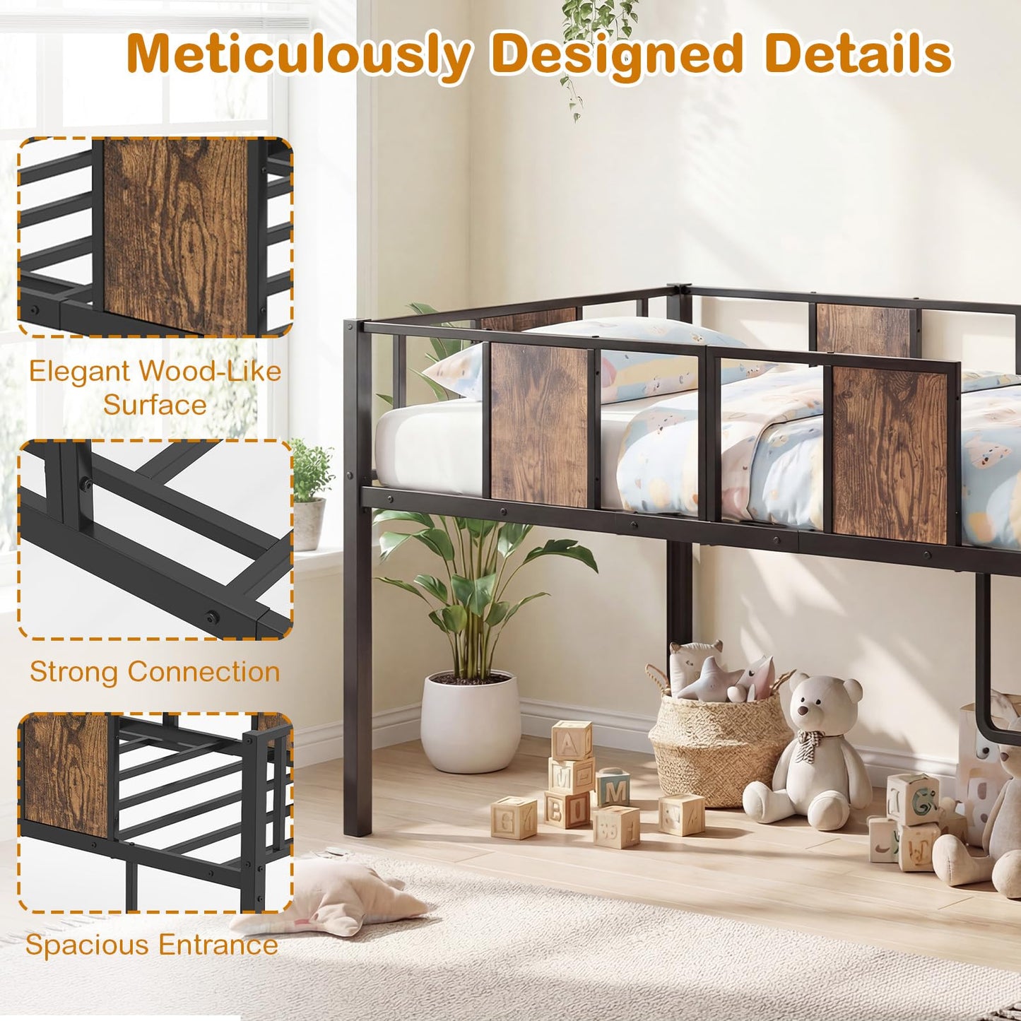 Kids Loft Bed, Metal Single Size Low Loft Bed with Under-Bed Space