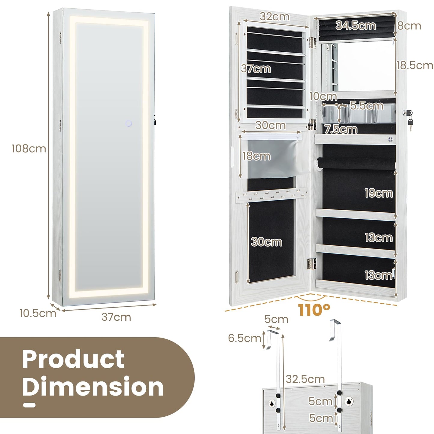 108cm Lockable Jewelry Mirror Cabinet with 3-Color LED Lights