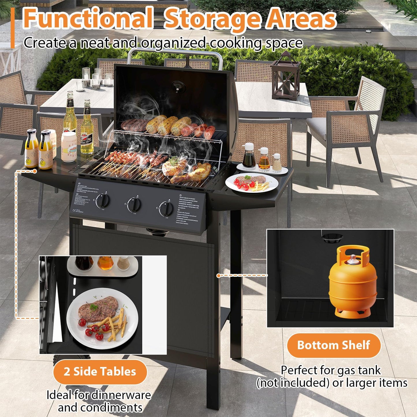 3-Burner Propane Gas Grill 24,000 BTU Portable with Lid and Side Tables