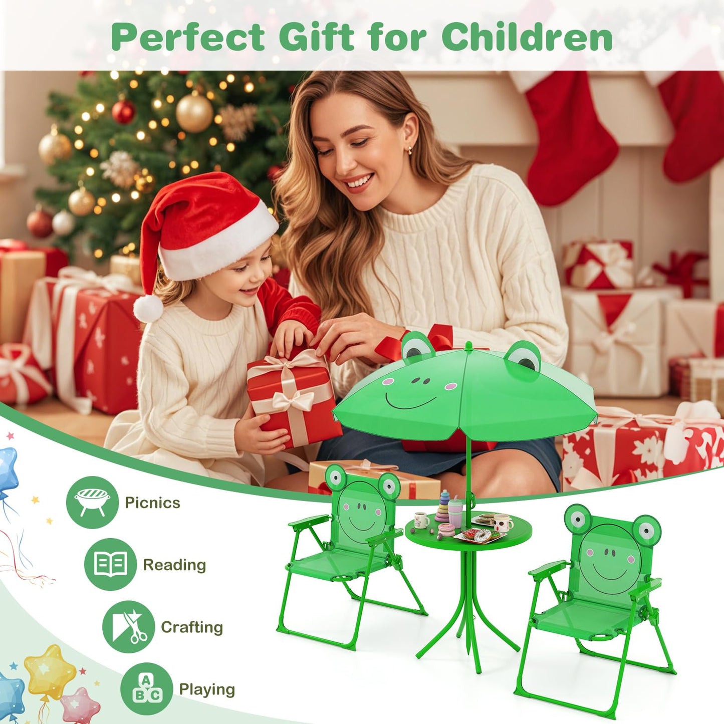 Kids Picnic Table and Chair Set with 2 Folding Chairs and Height Adjustable Umbrella