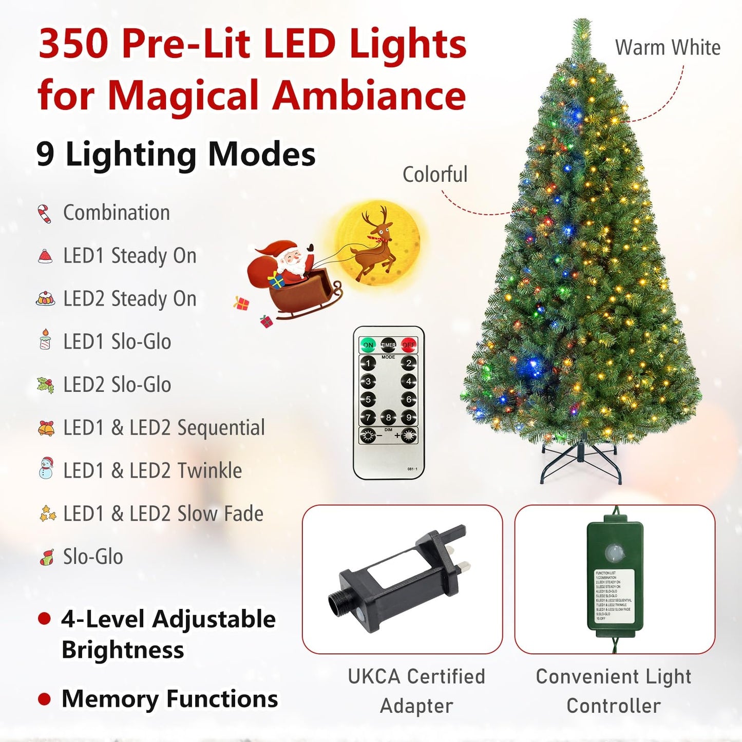 Pre-Lit Artificial Christmas Tree, Hinged Xmas Tree with 350 Warm White & Colorful LED Lights