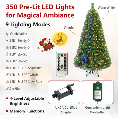 Pre-Lit Artificial Christmas Tree, Hinged Xmas Tree with 350 Warm White & Colorful LED Lights