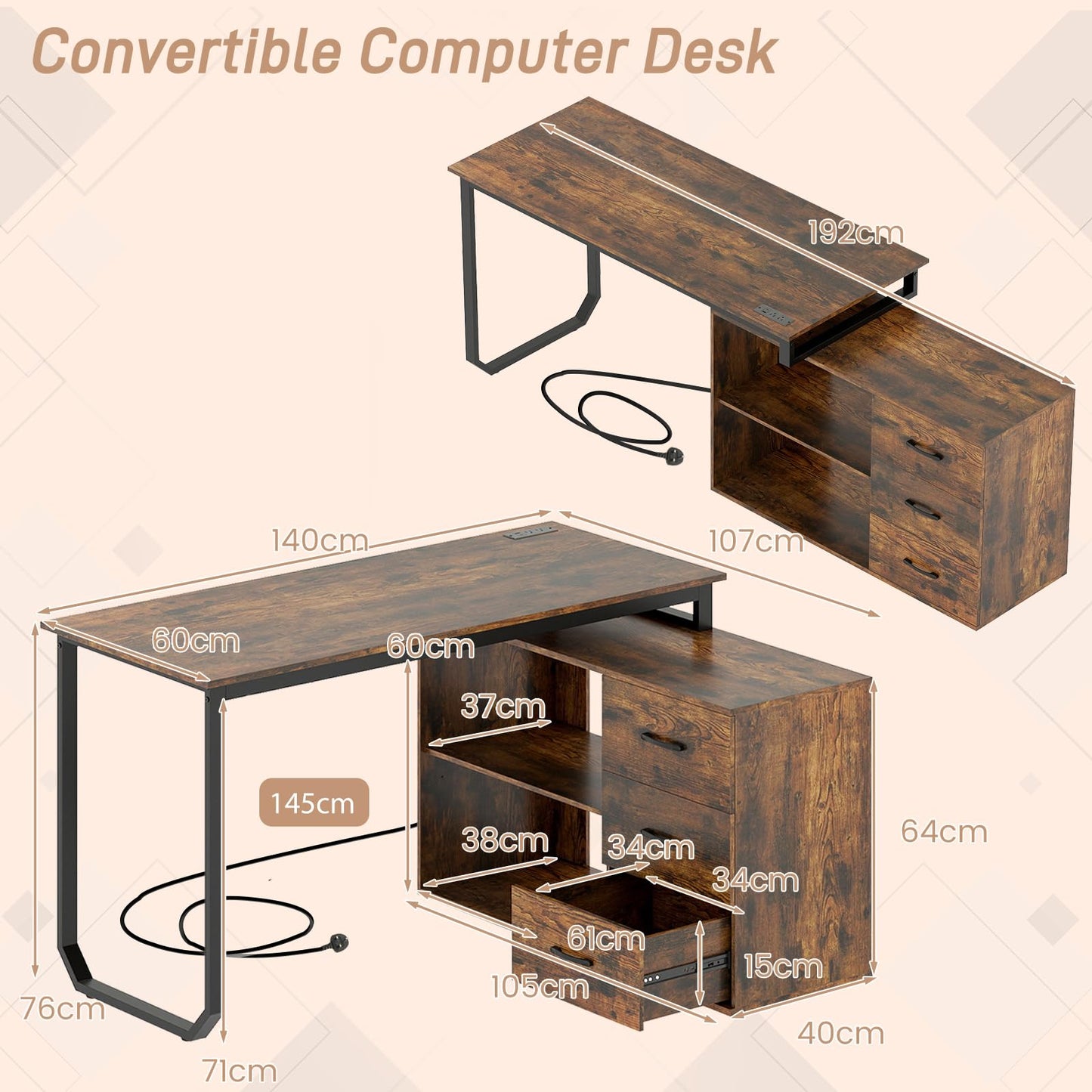 L Shaped Computer Desk with 3 Drawers and 2 Shelves, 140 cm Reversible Home Office Corner Desk