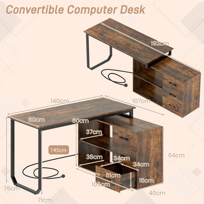 L Shaped Computer Desk with 3 Drawers and 2 Shelves, 140 cm Reversible Home Office Corner Desk