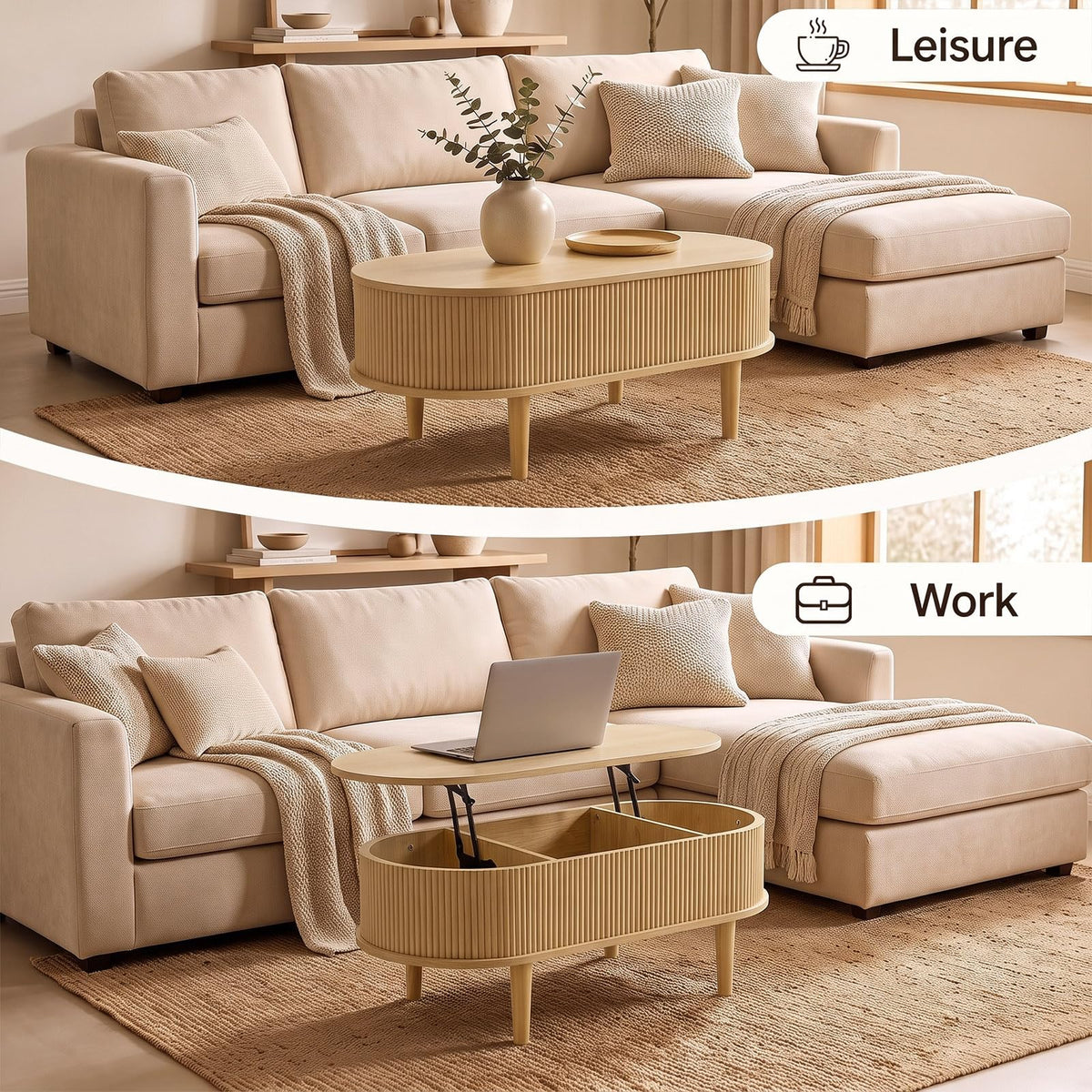 Oval Lift Top Coffee Table with Storage Fluted Design and Raised Wood Feet