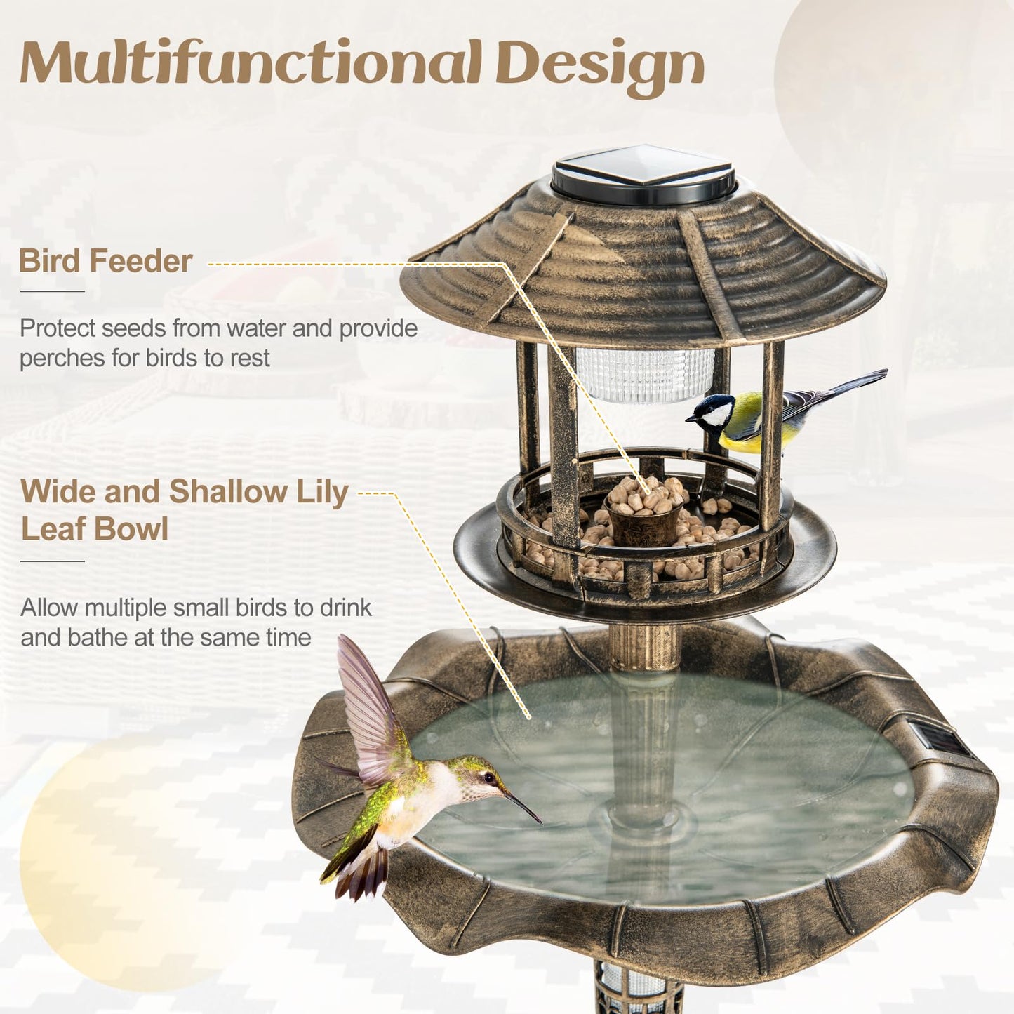 4 in 1 Bird Feeder and Bath with Solar Lights & Flower Planter Base
