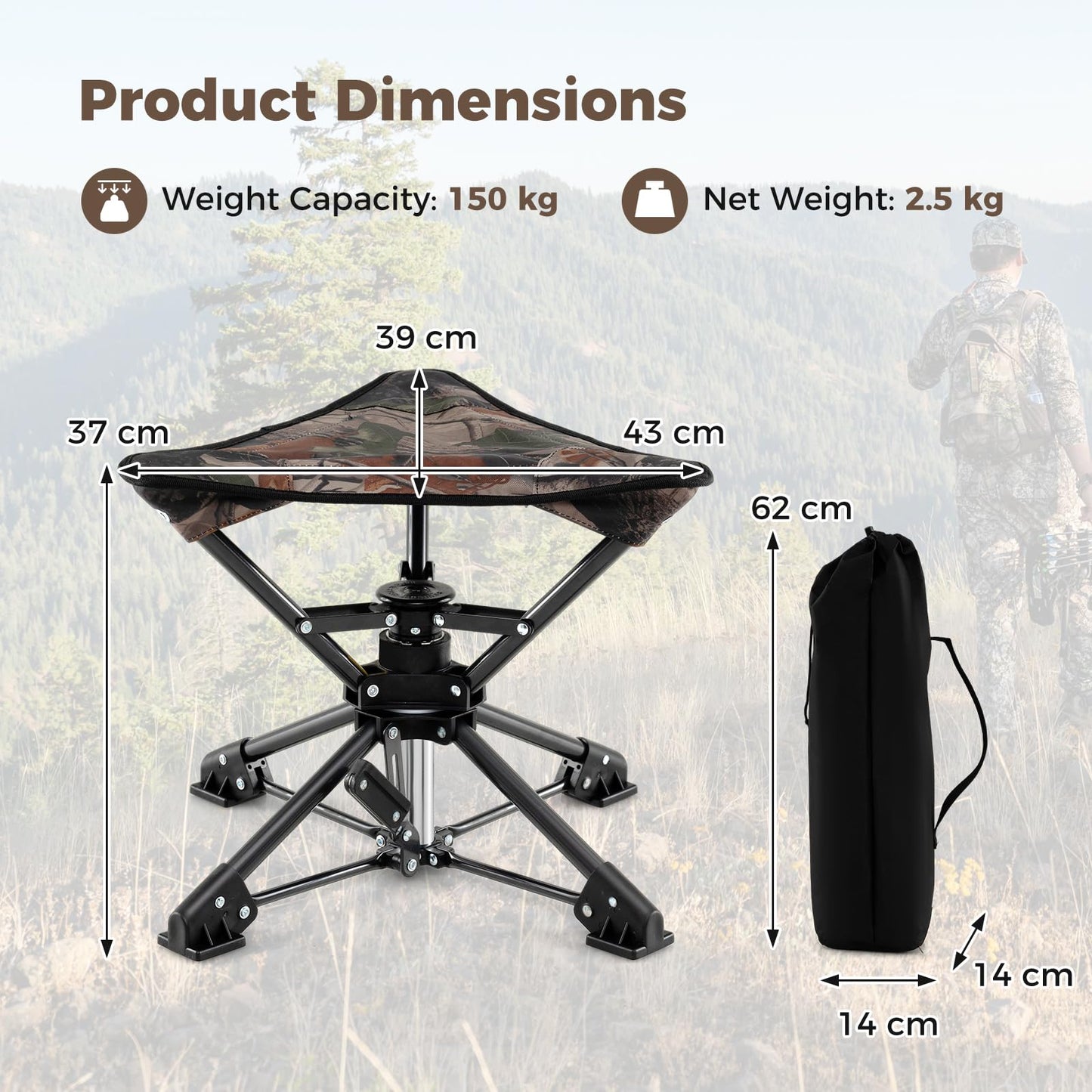 Folding Swivel Camping Hunting Stools with Anti-Sink Feet and Carry Bag