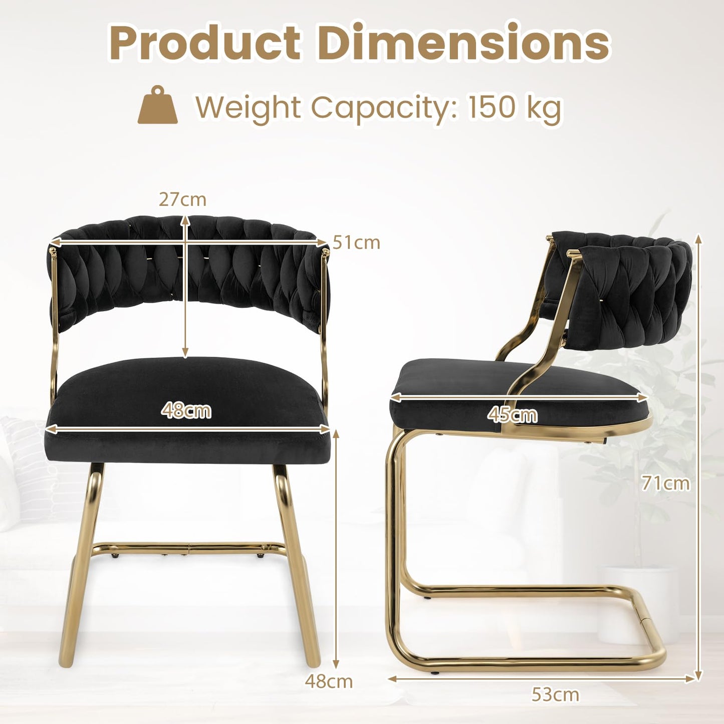 2 Pieces Velvet Dining Chairs with Curved Back and Sled Metal Base