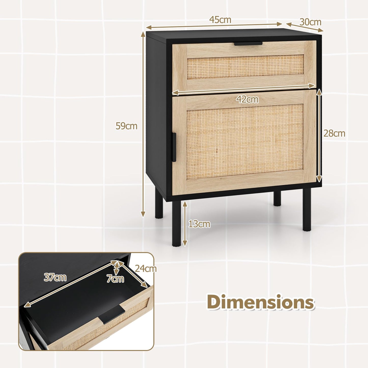 Set of 2 Rattan Nightstand with Drawer and Cabinet and Metal Legs