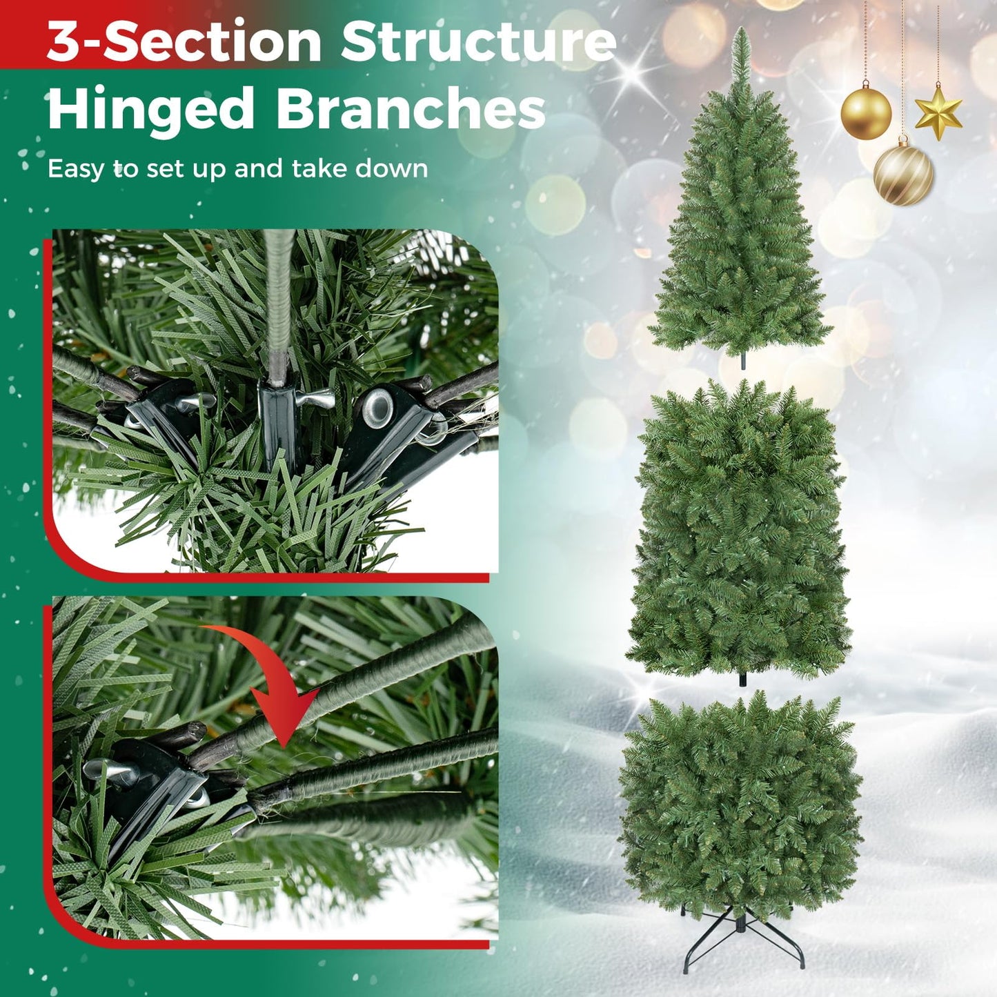 Hinged Pencil Xmas Tree with LED Lights, Foldable Metal Stand