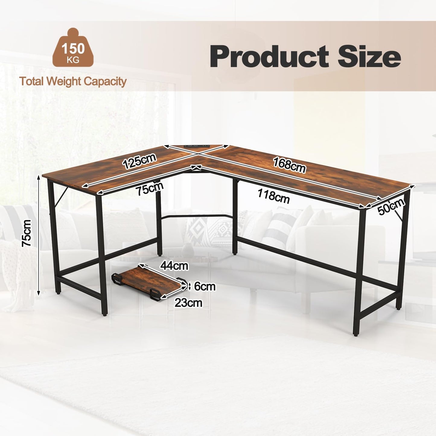 下架-排插有问题L-Shaped Computer Desk, 168cm Metal Frame Corner Writing Workstation with Charging Station