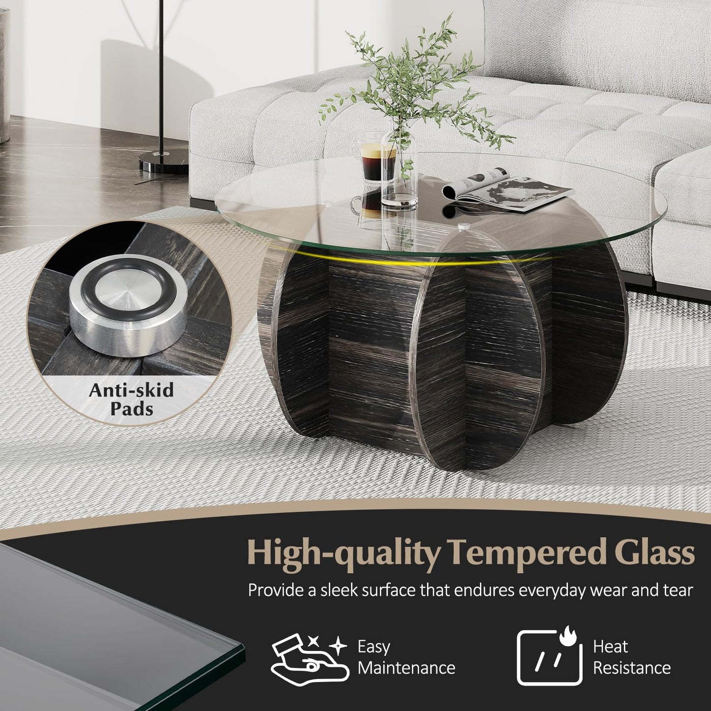 89cm Round Coffee Table Modern Accent Table with Tempered Glass Top