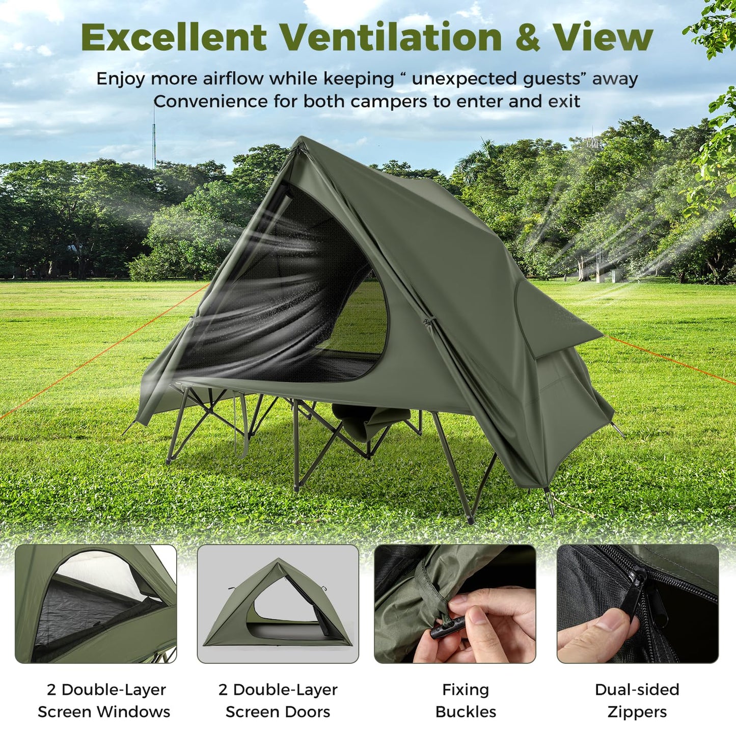 2-Person Foldable Off-Ground Camping Cot Tent with Wheeled Bag