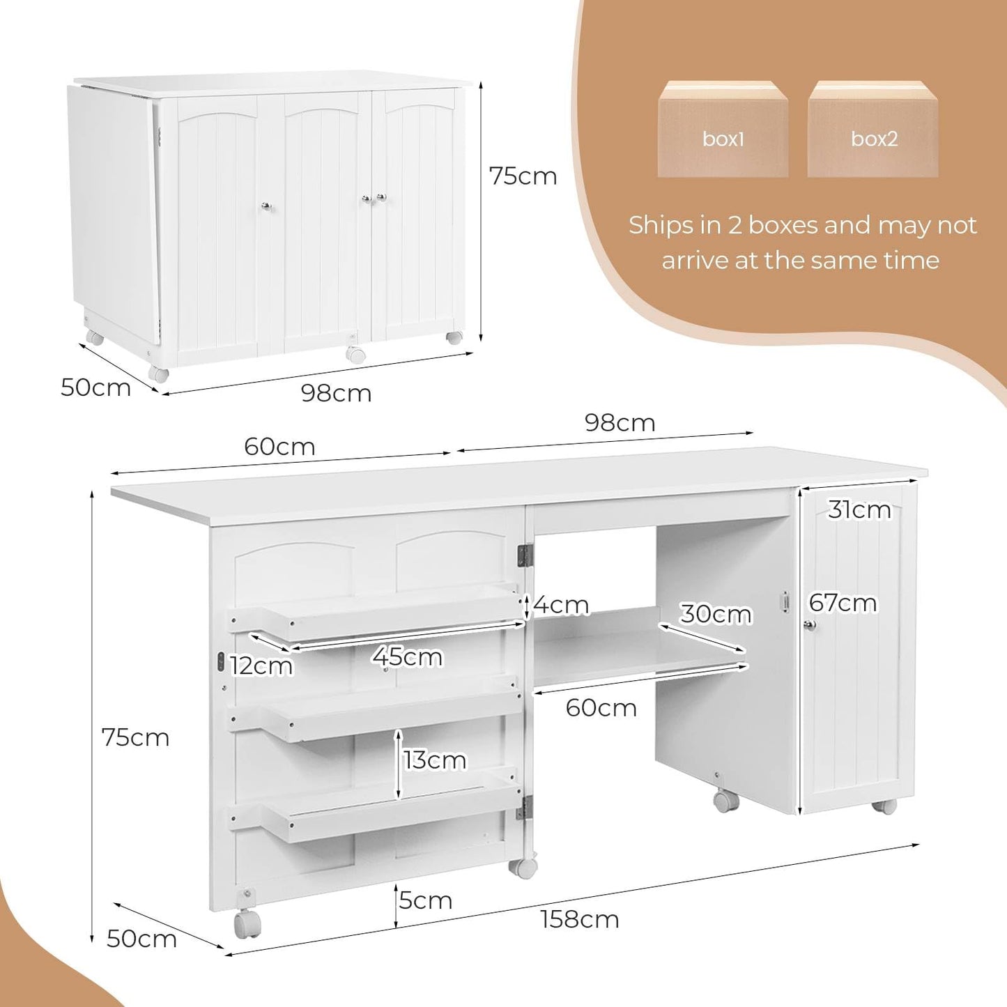 Rolling Folding Sewing Table with Storage Shelves