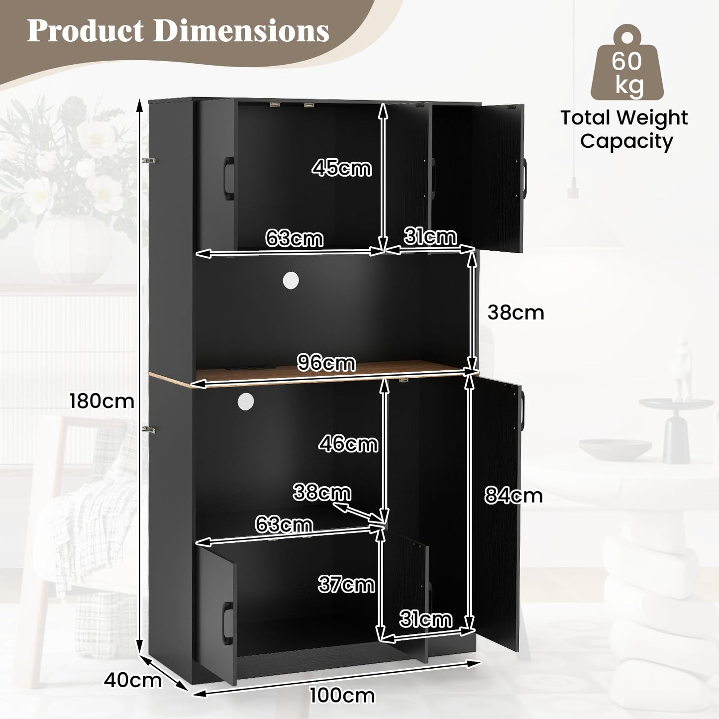 180 cm Tall Pantry Cabinet with Power Outlet and Microwave Stand