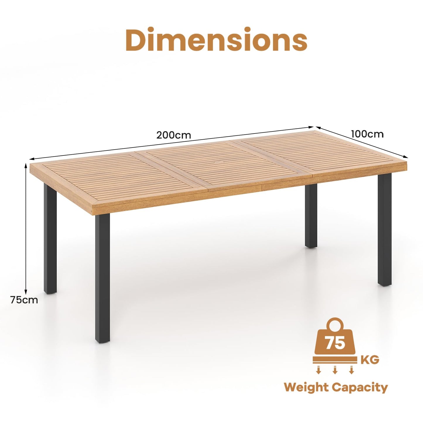 200 x 100cm Large Patio Dining Tablewith Acacia Wood Tabletop and Heavy Duty Metal Legs