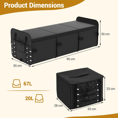 67 L Car Trunk Organizer with Lid 3-Compartment Portable Storage Box