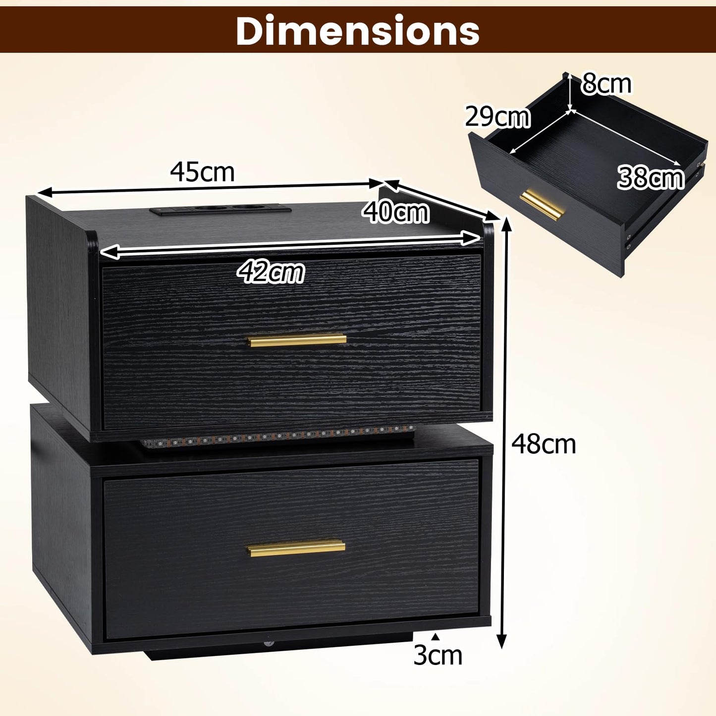 Nightstand with Charging Station and 2 Storage Drawers