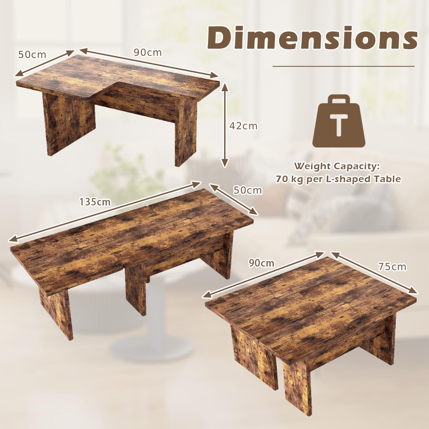 Modular Coffee Table Set of 2 L Shaped Center Tables for Small Space