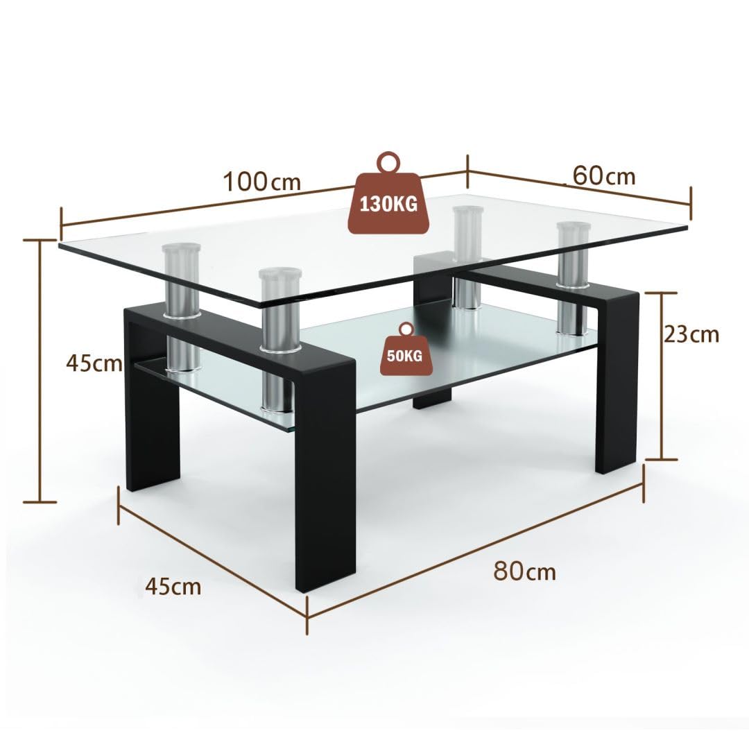 2-Tier Coffee Table, Tempered Glass Rectangle Sofa Side Table