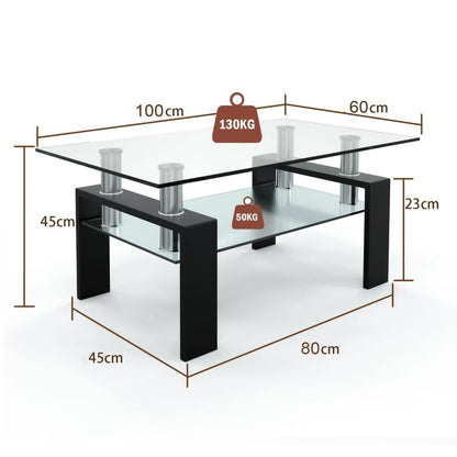 2-Tier Coffee Table, Tempered Glass Rectangle Sofa Side Table