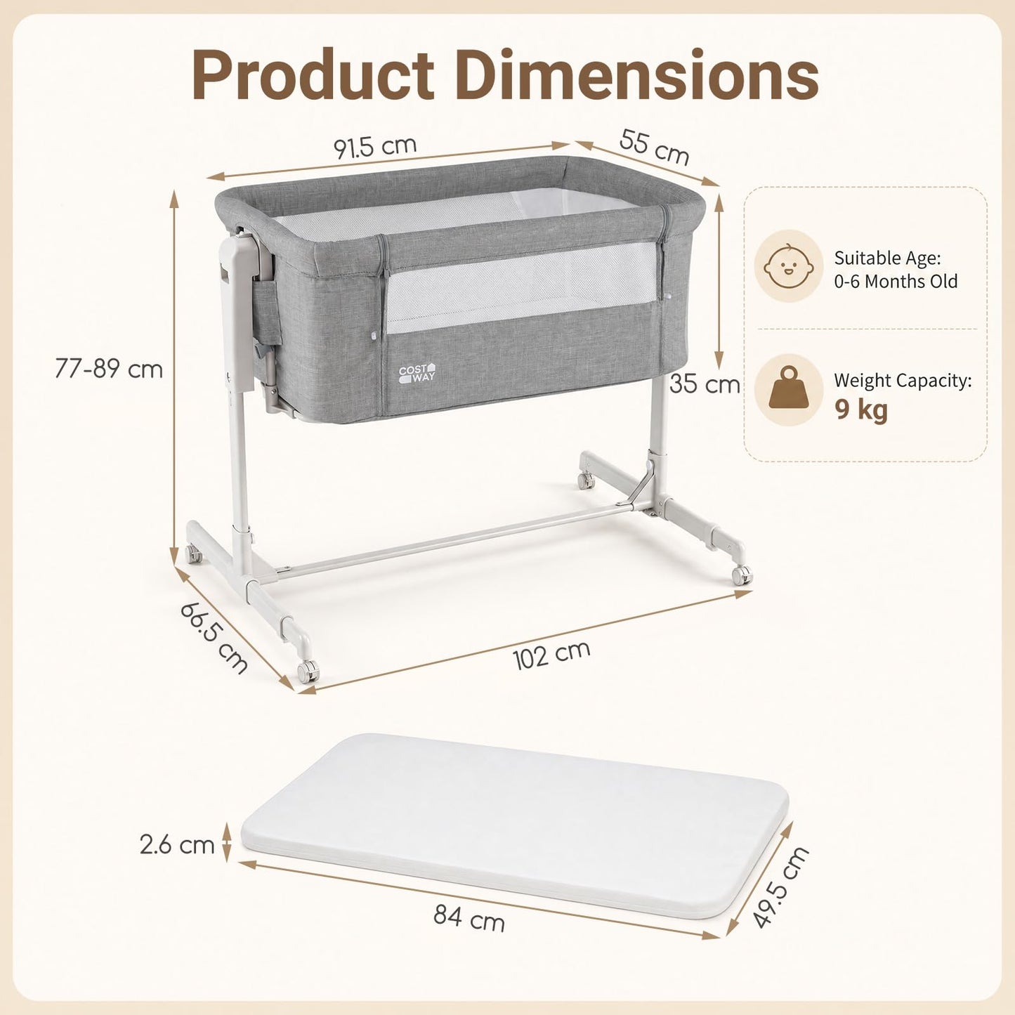 3-in-1 Baby Crib Height-Adjustable Bedside Crib with Castors
