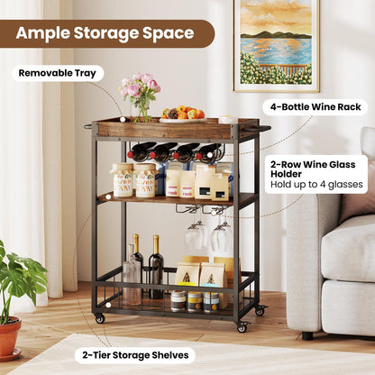 Home Bar Cart on Wheels Kitchen Serving Cart with Removable Tray