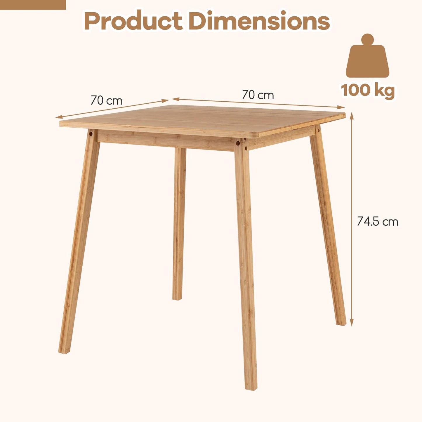 Dining Table for 2-4, Bamboo Square Kitchen Table with Anti-slip Footpads