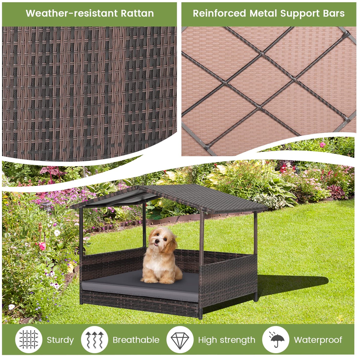 Wicker Dog House with Roof and Removable Cushion for Living Room Yard