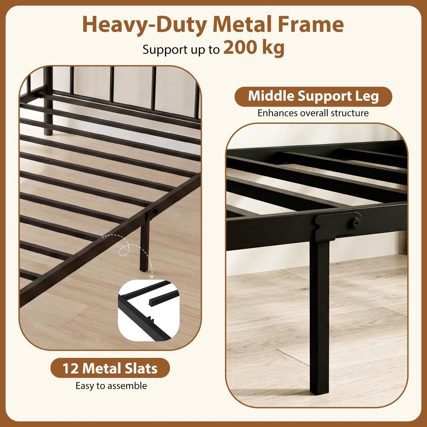 Metal Day Bed Frame, 3FT Single Sofa Bed Base Guest Platform Daybed with Headboard