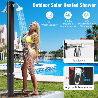 217cm/7ft Outdoor Solar Heated Shower 35L Garden Adjustable Temperature Pressure Pool Shower with Dual 360°Swivel Shower Heads