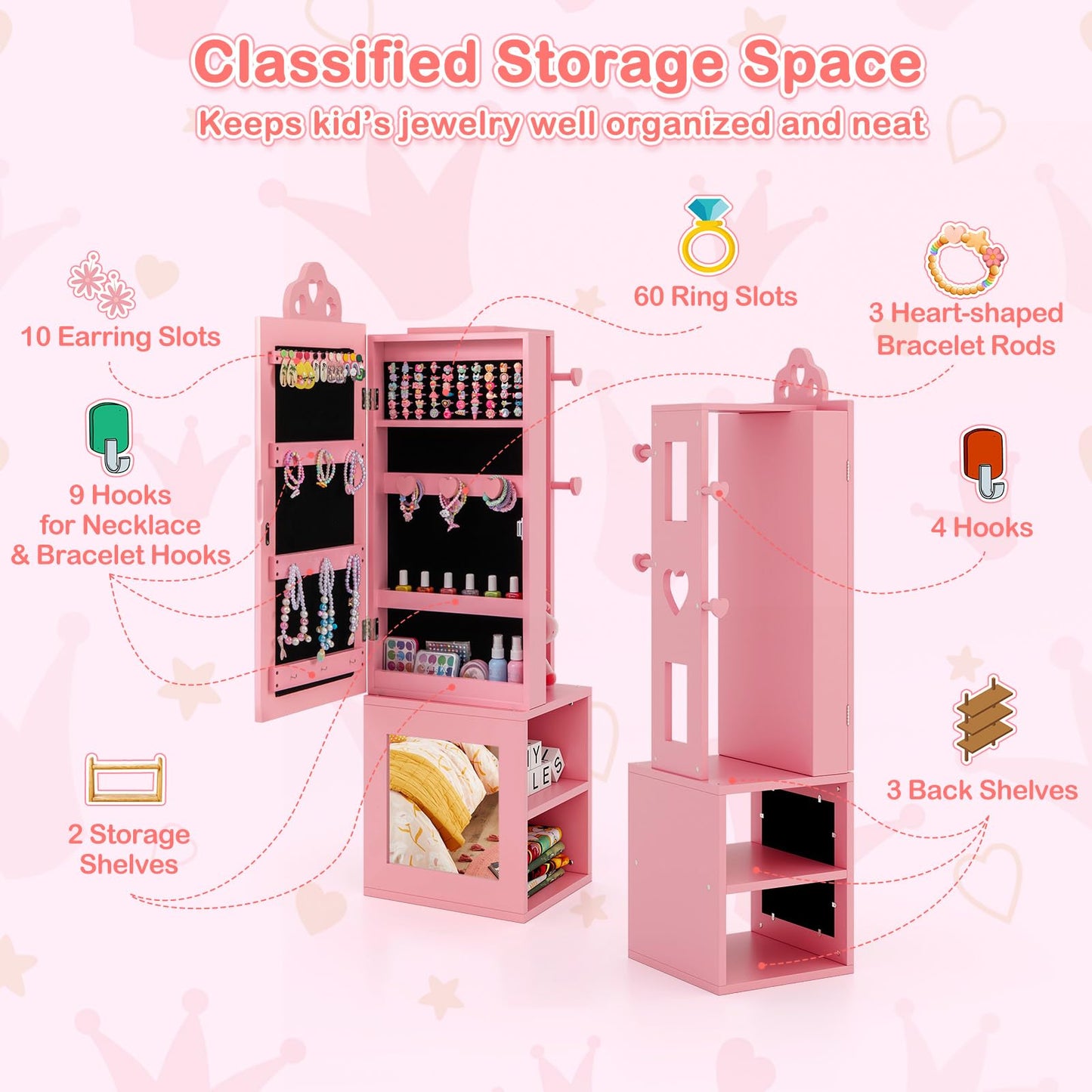 Kids Jewelry Armoire Full Length Mirror with Coat Rack and Storage Shelves