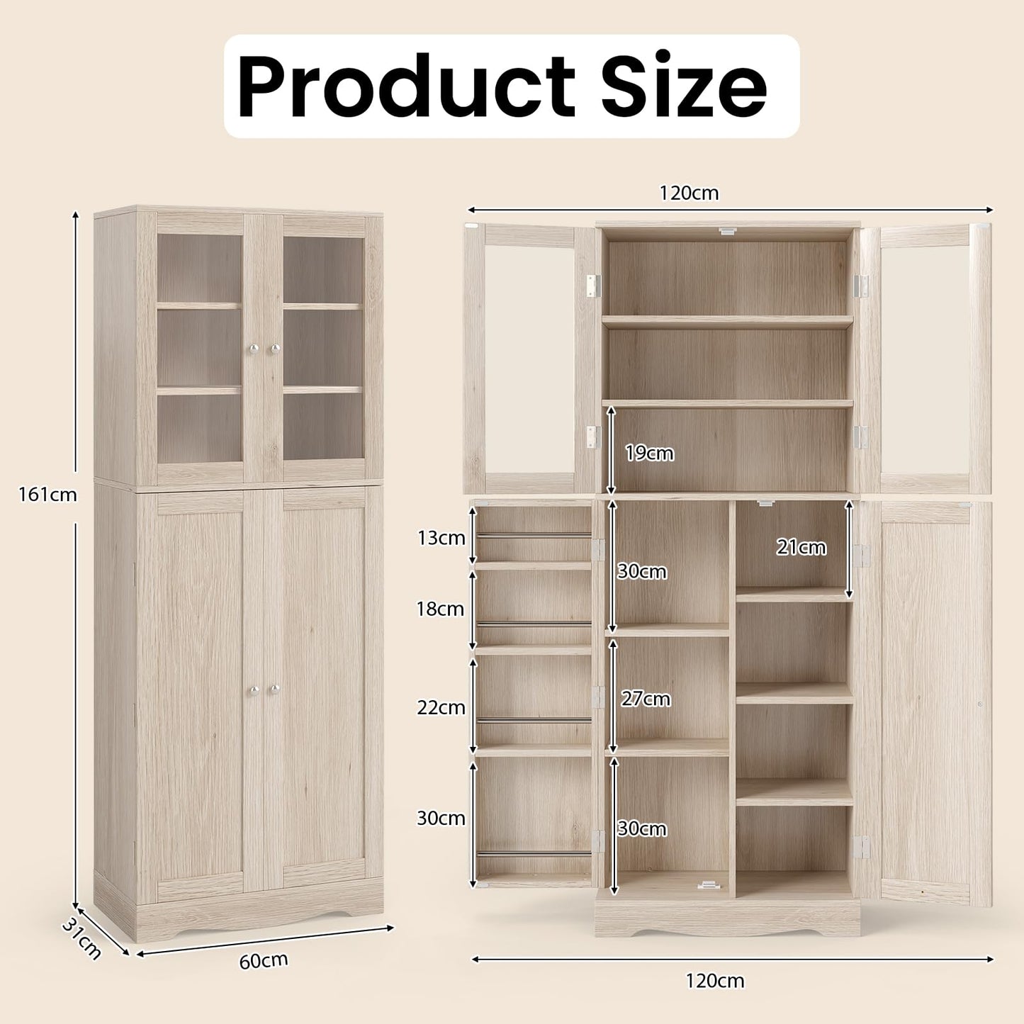 Kitchen Pantry Storage Cabinet with Glass Doors and Storage Shelves