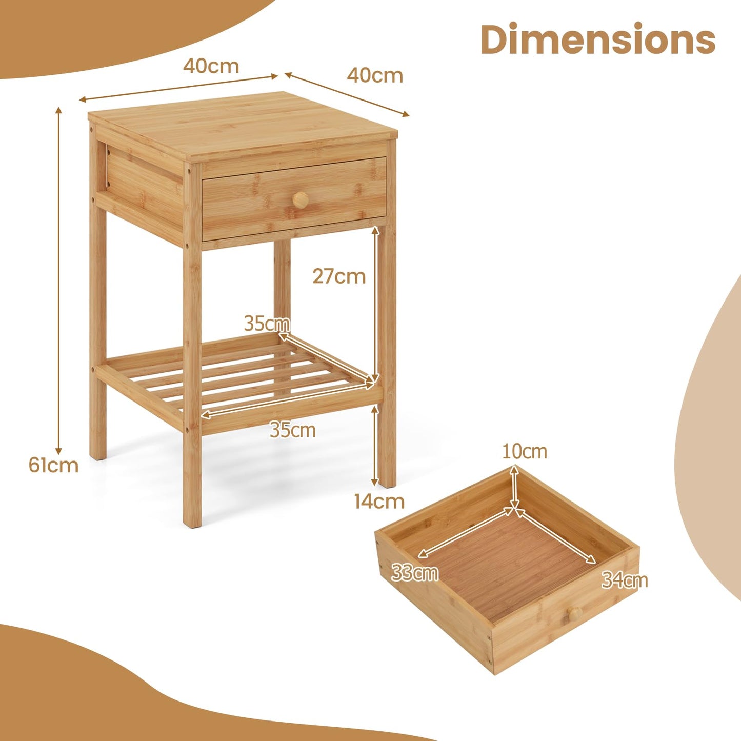 Bamboo Nightstand Sofa Side End Table with Drawer and Open Storage Shelf