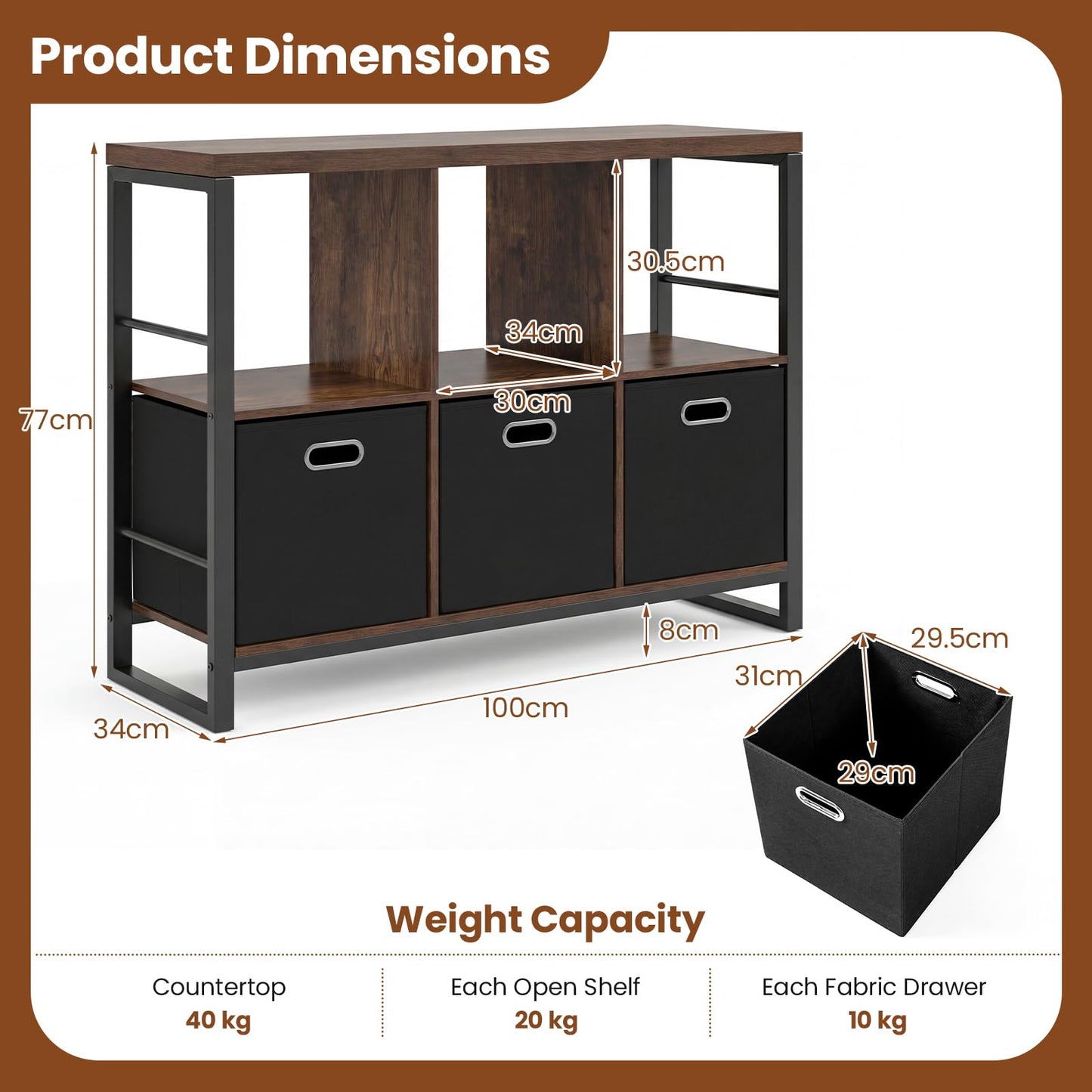 6 Cube Storage Organizer with 3 Storage Bins Sturdy Metal Frame and 3 Open Shelves