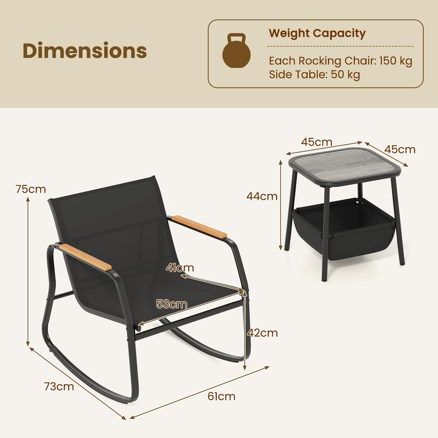 3-Piece Patio Bistro Set, Garden Furniture Set with Coffee Table and Chair